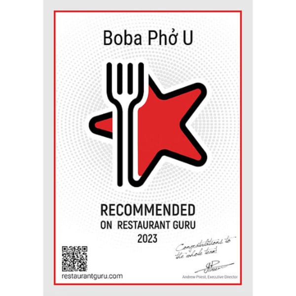 A certificate from Restaurant Guru recommending Boba Pho U in 2023.
