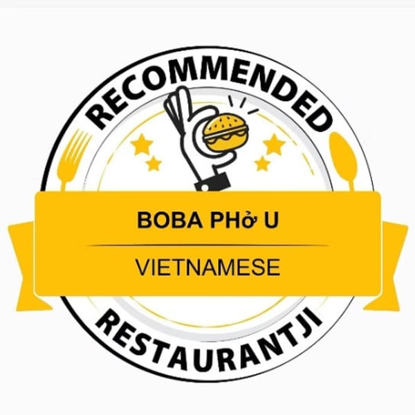 A circular "Recommended Restaurant" badge with a hand holding a burger, stars, and text "Boba Pho U Vietnamese".