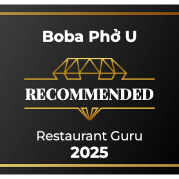 Black and gold Boba Pho U Restaurant Guru Recommended 2025 badge.
