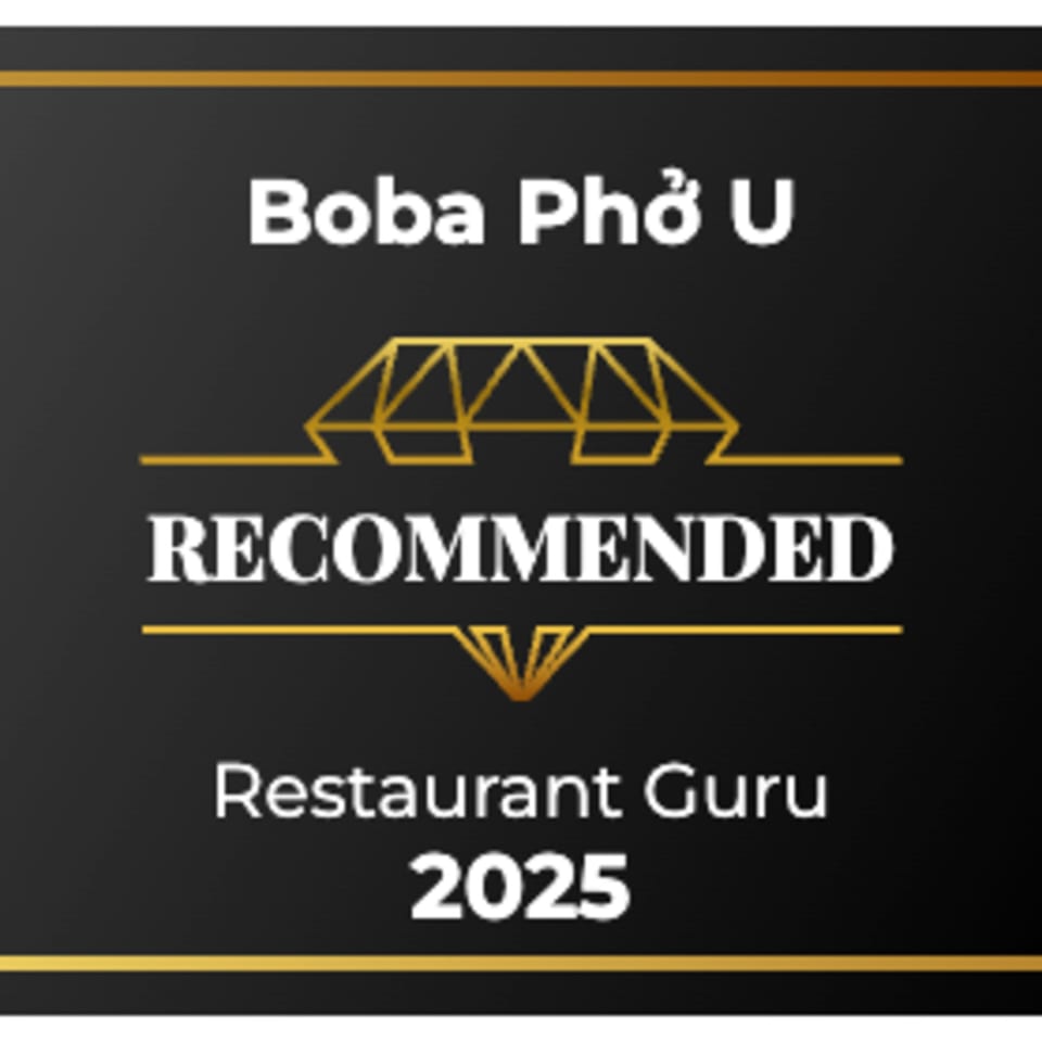 Black and gold Boba Pho U Restaurant Guru Recommended 2025 badge.